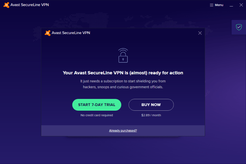 Avast SecureLine VPN Main Page