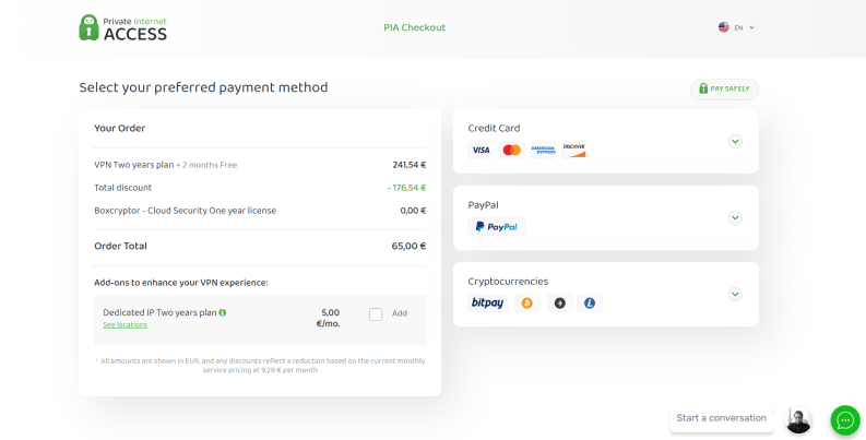 PIA VPN Payment Methods