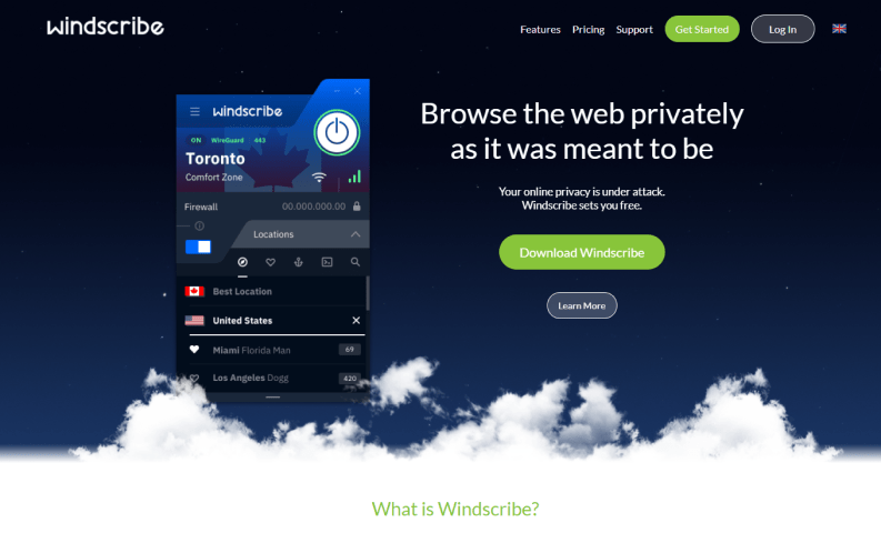 Windscribe Main Page